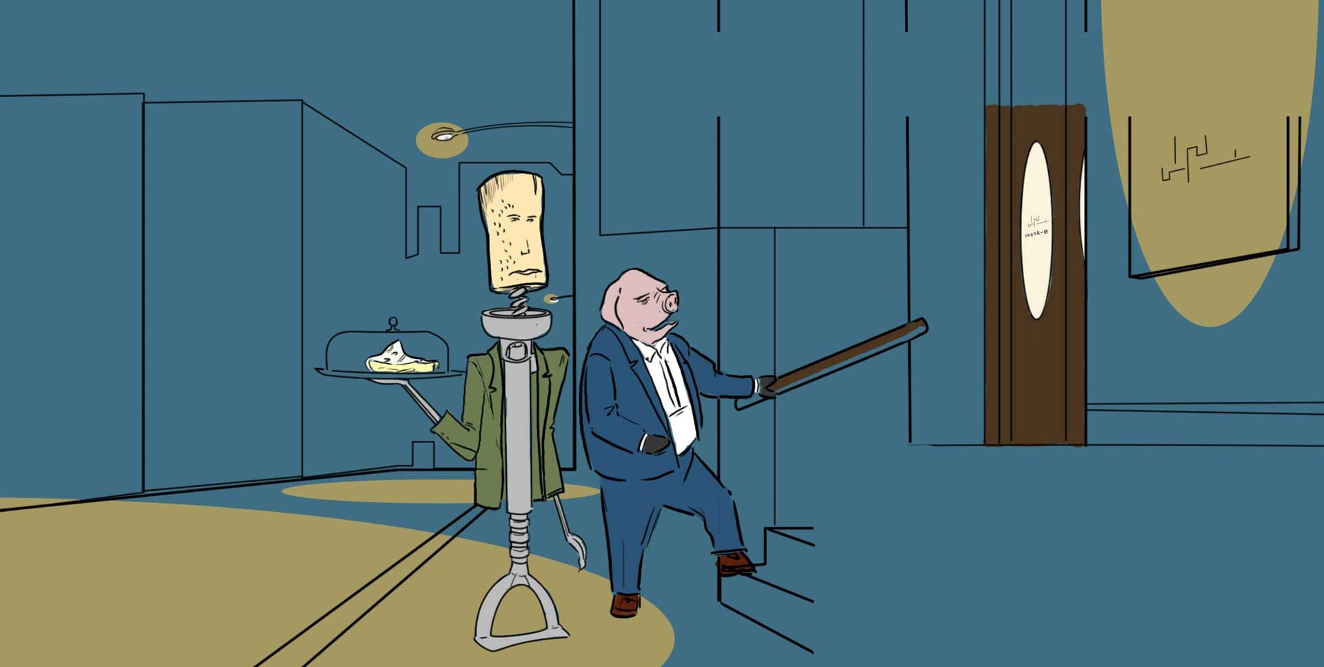 A cork-headed sommelier in a green coat carries a plate of cheese while a pig in a blue suit holds open the door of a restaurant at night.