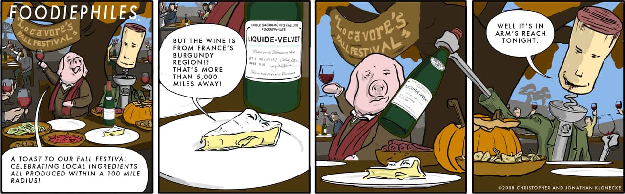 Locavore's Fall Festival — four panels: a toast under a Locavore's Fall Festival banner, a close view of a French wine bottle, the pig looking put out, and the cork-headed figure pouring beneath a bare tree.