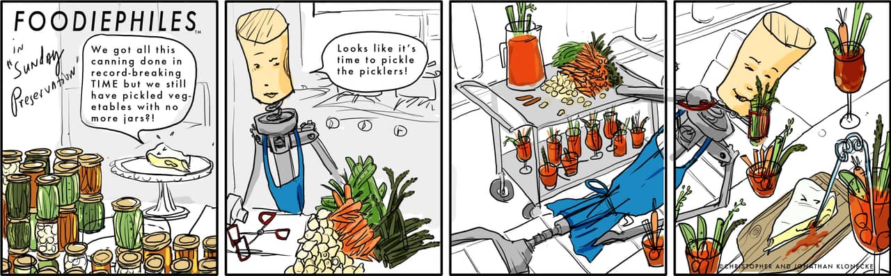 Sunday Preservation — four panels: a counter crowded with jars of pickles, a cork-headed figure at a canning press, a cart of bloody marys garnished with vegetables, and a close view of the garnishes.