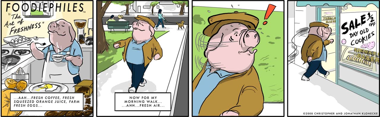 The Art of Freshness — four panels: the pig making breakfast, walking through a park, catching a scent in the air, and hurrying towards a bakery window.