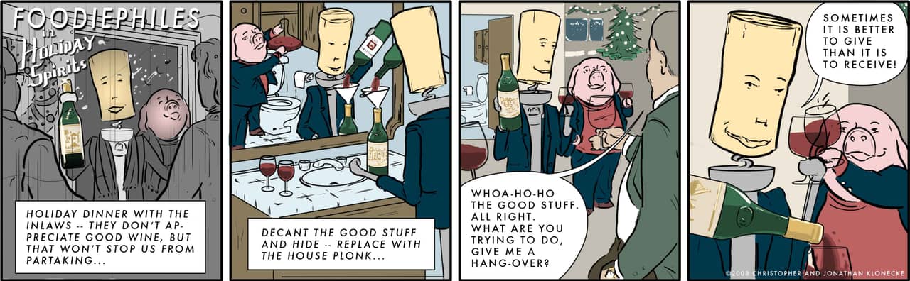 Holiday Spirits — four panels: a snowy window at night, a bathroom where two figures decant wine over the sink, a living room with a Christmas tree, and a toast between the cork-headed figure and the pig.