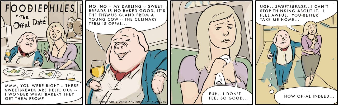 The Offal Date — four panels: a couple dining in a restaurant booth, the pig explaining what sweetbreads are, the woman looking unwell, and the pair leaving together.