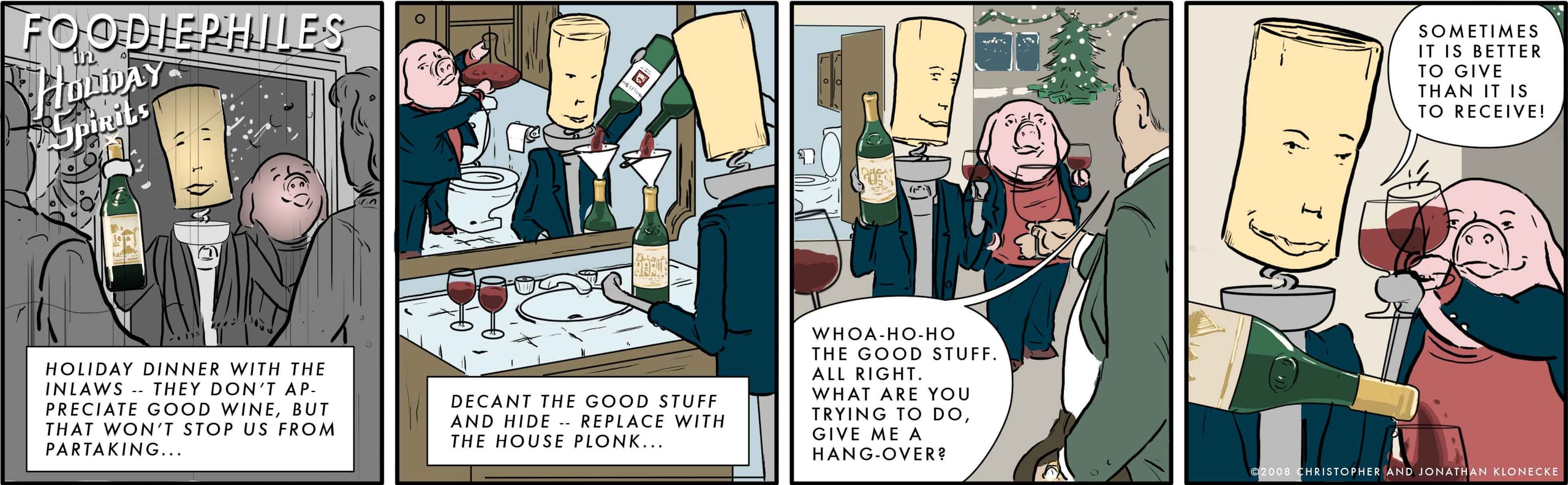 Four panels: a snowy window at night, a bathroom where two figures decant wine over the sink, a living room with a Christmas tree, and a toast between the cork-headed figure and the pig.
